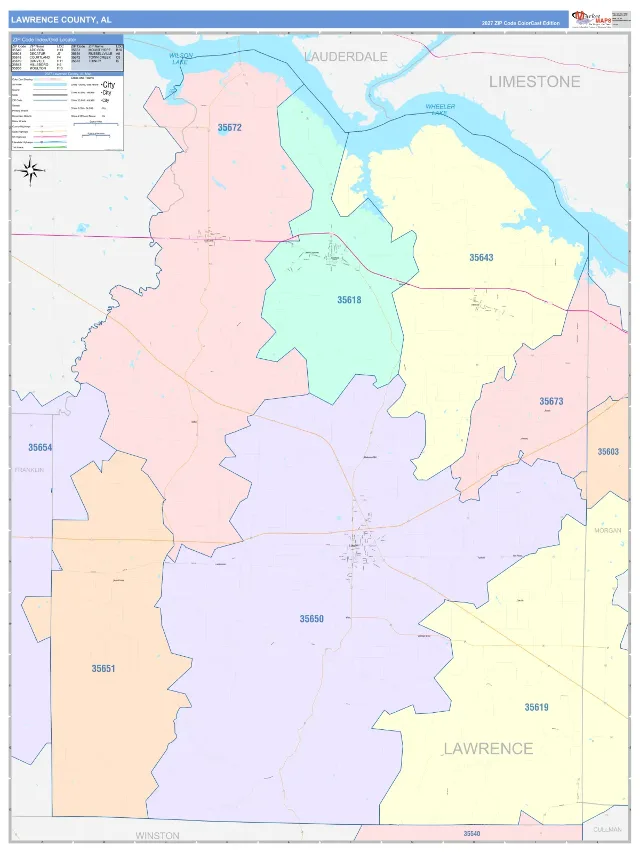 Lawrence County, AL ZIP Code Wall Map, ColorCast style