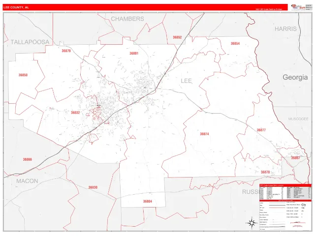 Lee County, AL ZIP Code Wall Map, RedLine style