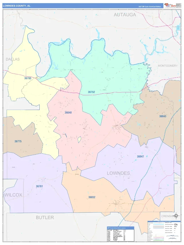 Lowndes County, AL ZIP Code Wall Map, ColorCast style