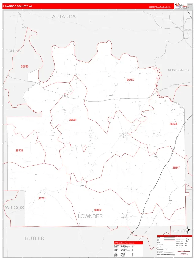 Lowndes County, AL ZIP Code Wall Map, RedLine style