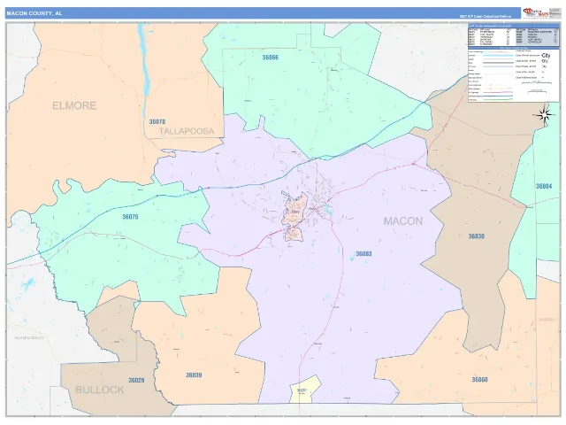 Macon County, AL ZIP Code Wall Map, ColorCast style