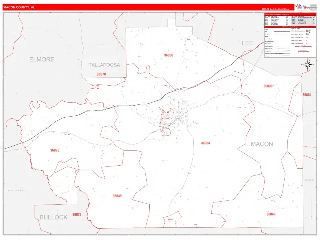 Macon County, AL ZIP Code Wall Map, RedLine style