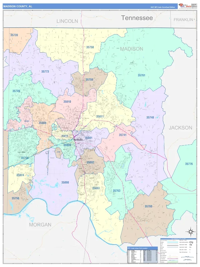 Madison County, AL ZIP Code Wall Map, ColorCast style