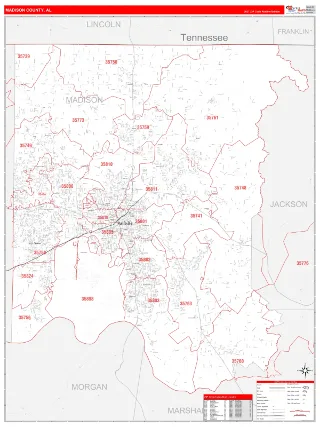 Madison County, AL RedLine style ZIP Code wall map