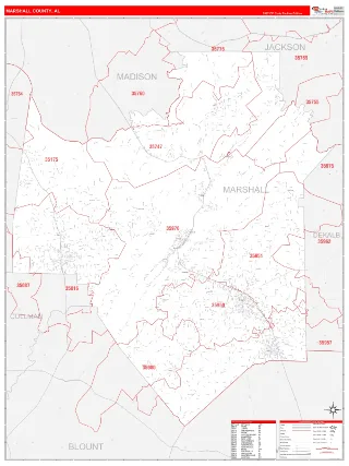 Marshall County, AL RedLine style ZIP Code wall map