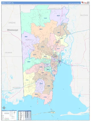 Mobile County, AL ColorCast style ZIP Code wall map