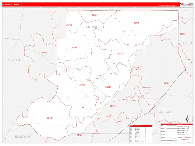 Monroe County, AL ZIP Code Wall Map, RedLine style
