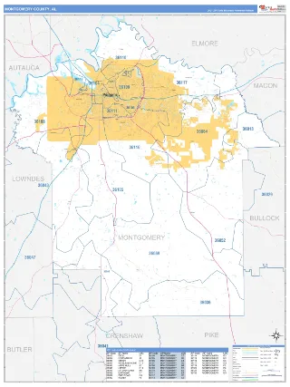 Montgomery County, AL Business Reference style ZIP Code wall map