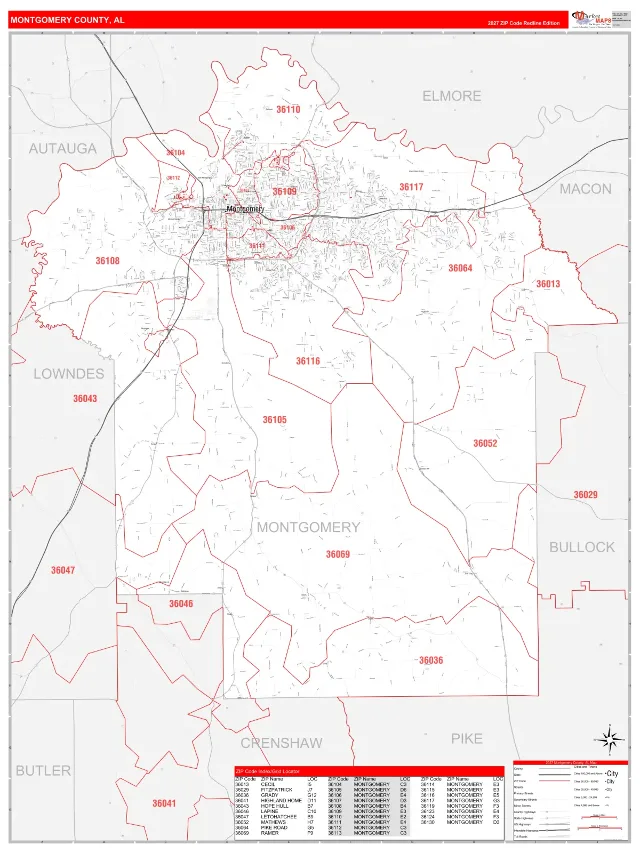 Montgomery County, AL ZIP Code Wall Map, RedLine style