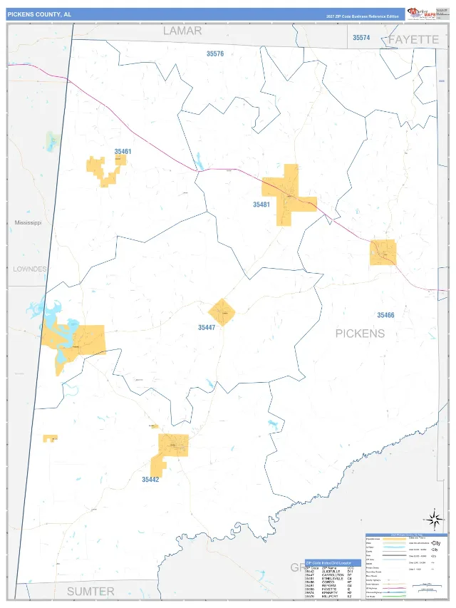 Pickens County, AL ZIP Code Wall Map, Business Reference style