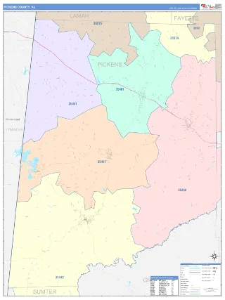 Pickens County, AL ColorCast style ZIP Code wall map