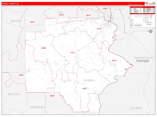 Russell County, AL RedLine style ZIP Code wall map