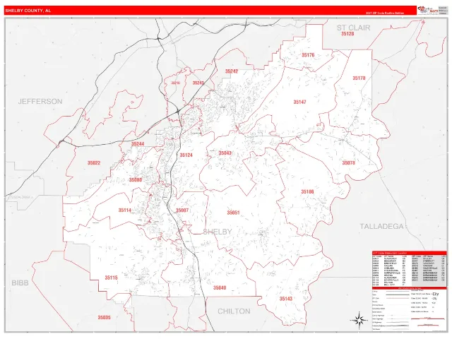 Shelby County, AL ZIP Code Wall Map, RedLine style