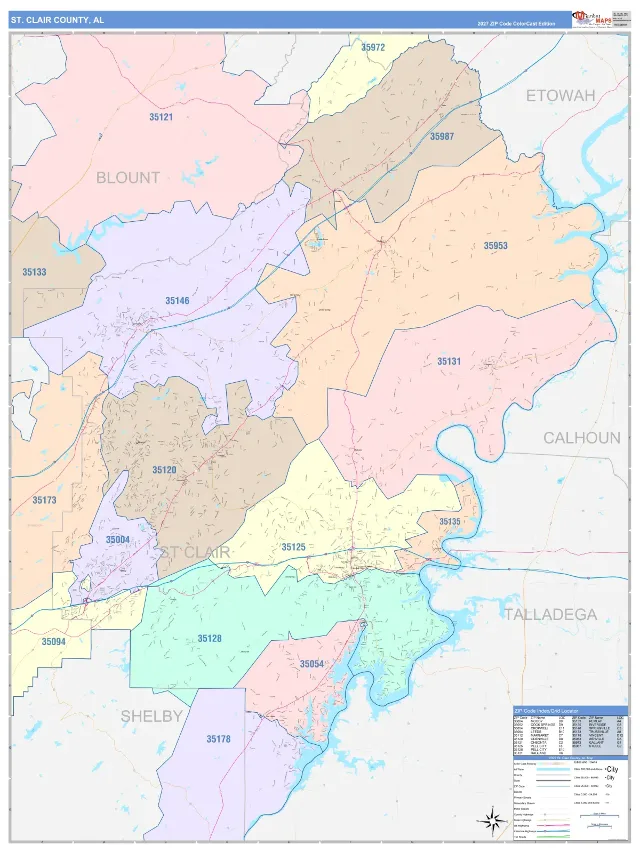 St. Clair County, AL ZIP Code Wall Map, ColorCast style