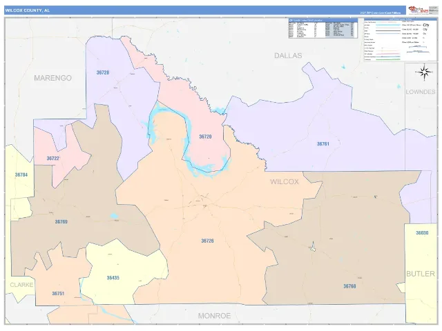 Wilcox County, AL ZIP Code Wall Map, ColorCast style