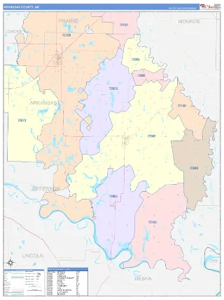 Arkansas County, AR ColorCast style ZIP Code wall map