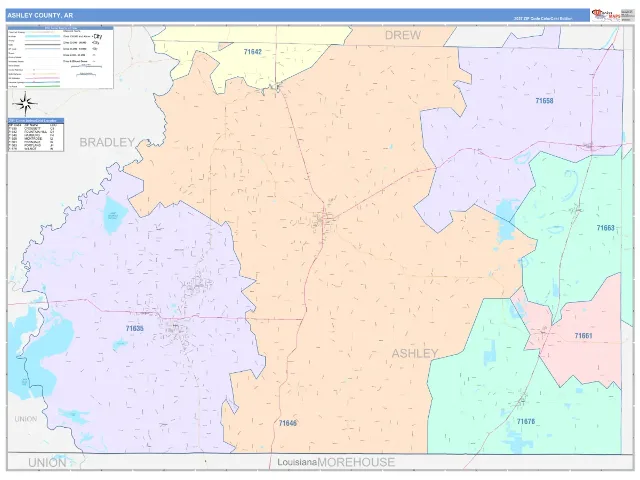 Ashley County, AR ZIP Code Wall Map, ColorCast style