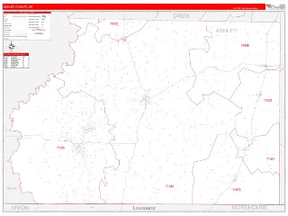 Ashley County, AR RedLine style ZIP Code wall map