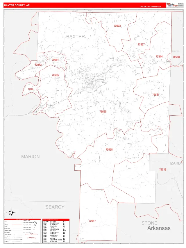 Baxter County, AR ZIP Code Wall Map, RedLine style
