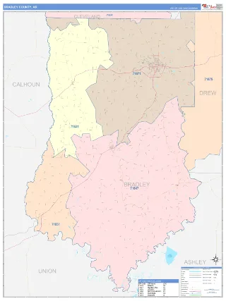 Bradley County, AR ColorCast style ZIP Code wall map