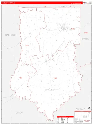 Bradley County, AR RedLine style ZIP Code wall map