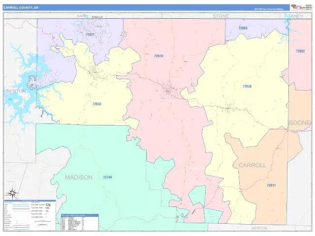 Carroll County, AR ZIP Code Wall Map, ColorCast style