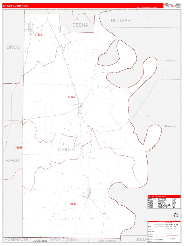 Chicot County, AR ZIP Code Wall Map, RedLine style