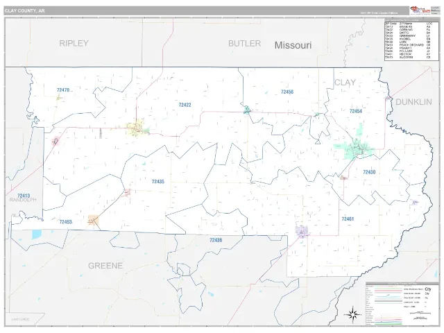 Clay County, AR ZIP Code Wall Map, Classic style