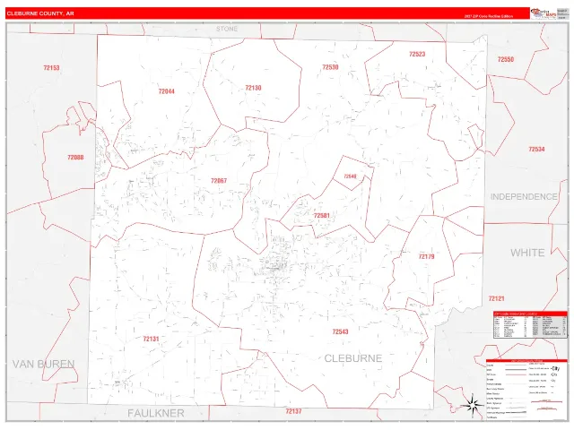 Cleburne County, AR ZIP Code Wall Map, RedLine style