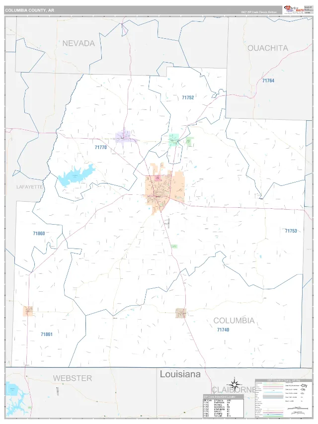 Columbia County, AR ZIP Code Wall Map, Classic style
