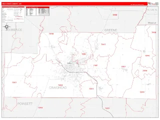 Craighead County, AR RedLine style ZIP Code wall map