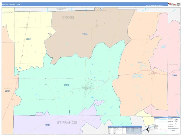 Cross County, AR ZIP Code Wall Map, ColorCast style