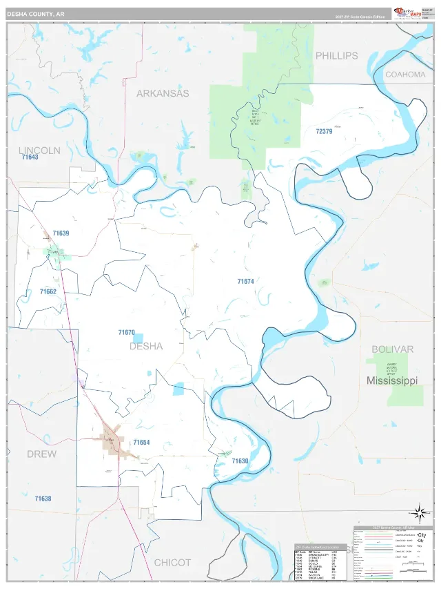 Desha County, AR ZIP Code Wall Map, Classic style
