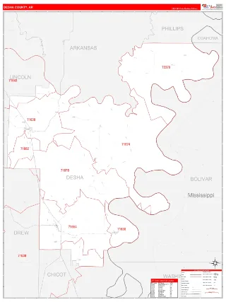 Desha County, AR RedLine style ZIP Code wall map