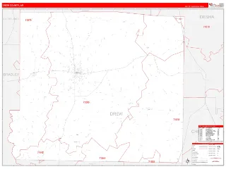Drew County, AR RedLine style ZIP Code wall map
