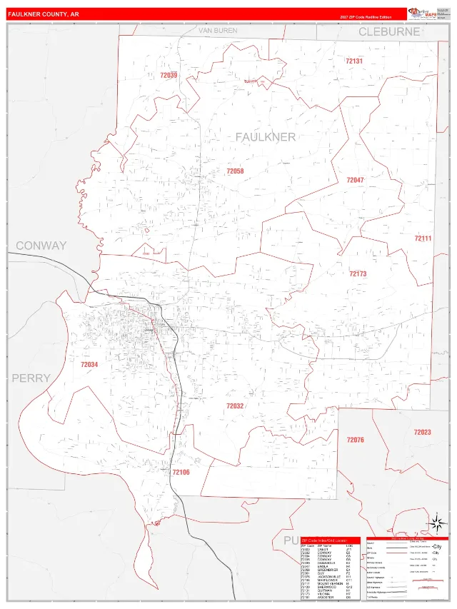 Faulkner County, AR ZIP Code Wall Map, RedLine style