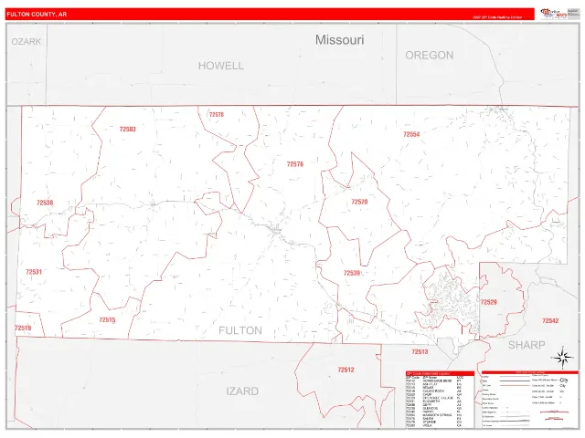 Fulton County, AR ZIP Code Wall Map, RedLine style