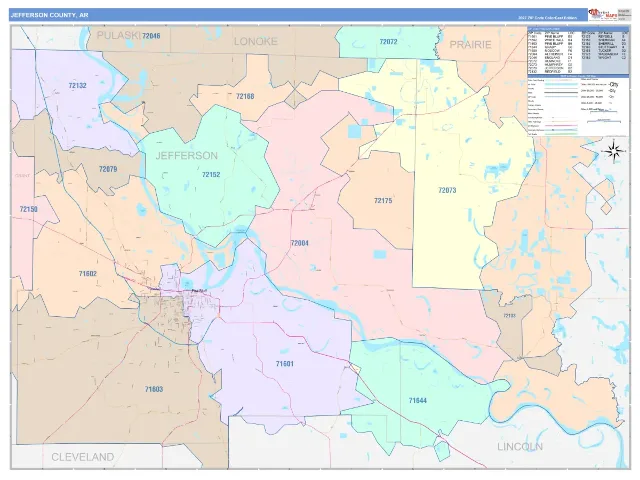 Jefferson County, AR ZIP Code Wall Map, ColorCast style