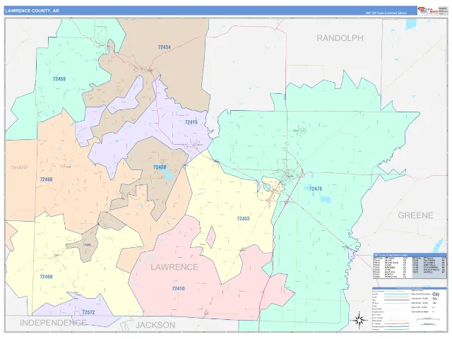 Lawrence County, AR ZIP Code Wall Map, ColorCast style