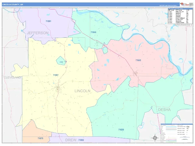 Lincoln County, AR ZIP Code Wall Map, ColorCast style