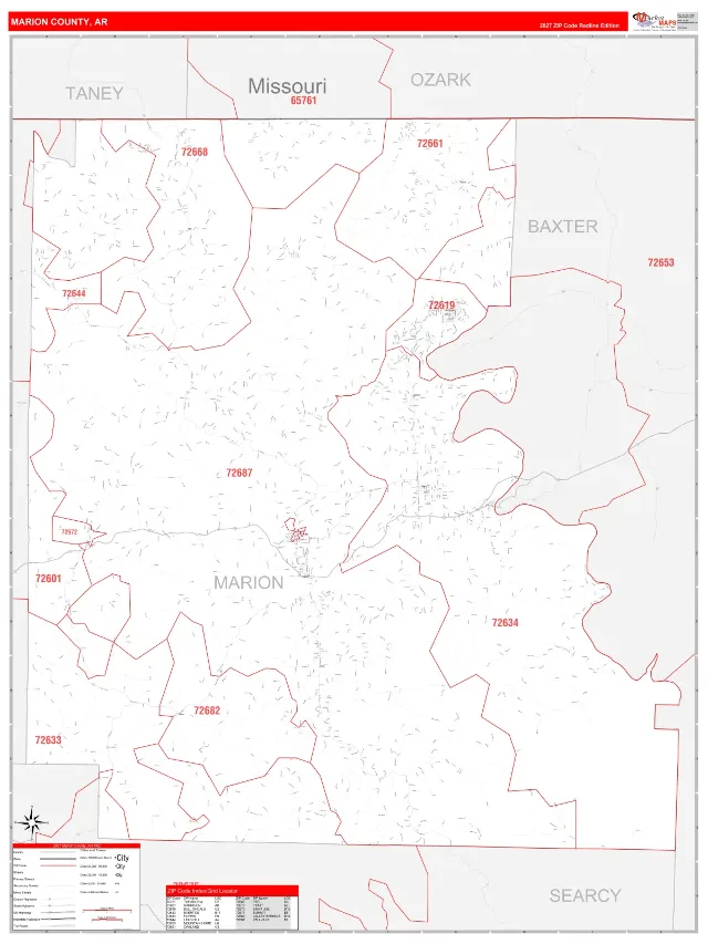Marion County, AR ZIP Code Wall Map, RedLine style
