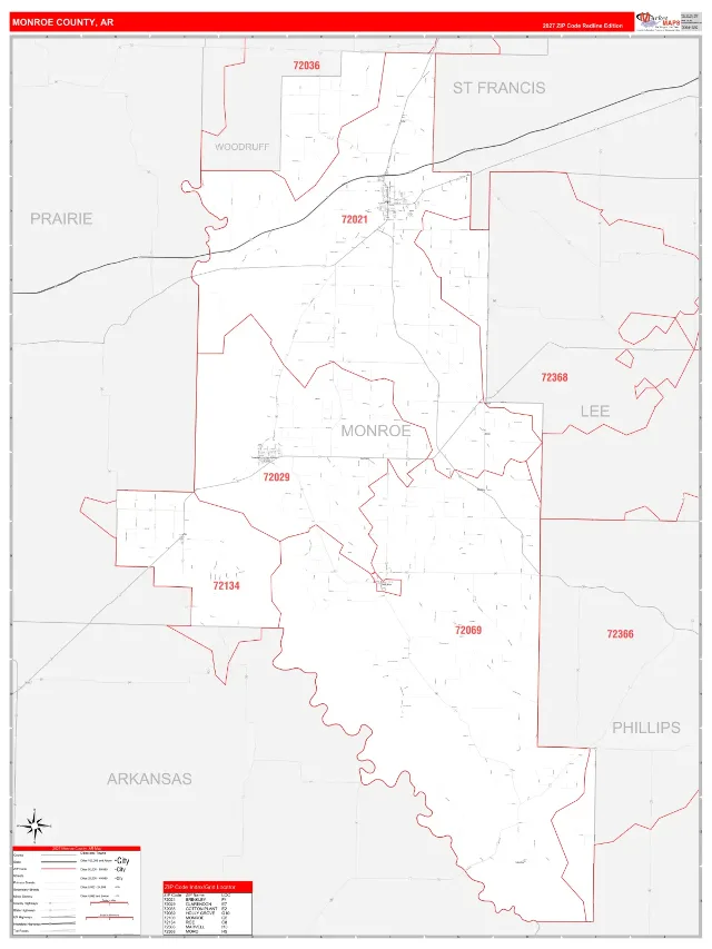 Monroe County, AR ZIP Code Wall Map, RedLine style