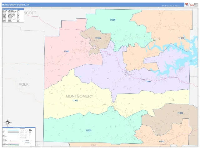 Montgomery County, AR ZIP Code Wall Map, ColorCast style