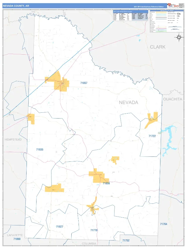 Nevada County, AR ZIP Code Wall Map, Business Reference style