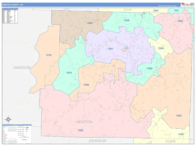 Newton County, AR ZIP Code Wall Map, ColorCast style