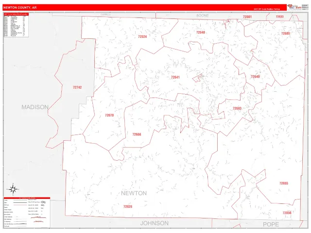 Newton County, AR ZIP Code Wall Map, RedLine style
