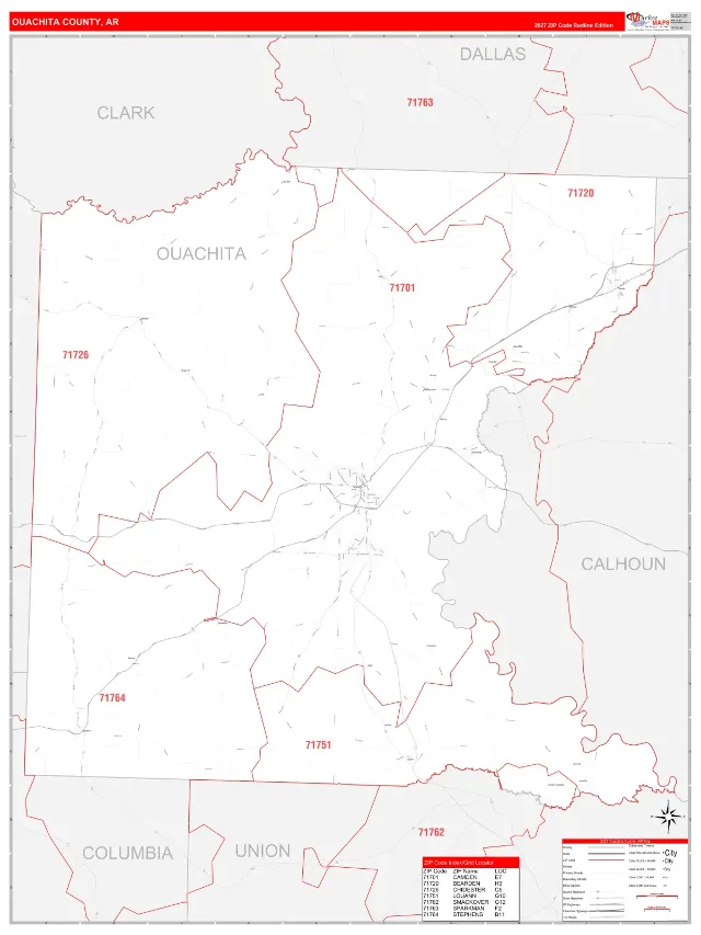 Ouachita County, AR ZIP Code Wall Map, RedLine style