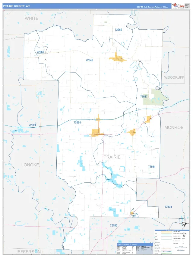 Prairie County, AR ZIP Code Wall Map, Business Reference style
