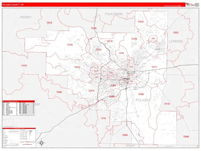 Pulaski County, AR ZIP Code Wall Map, RedLine style