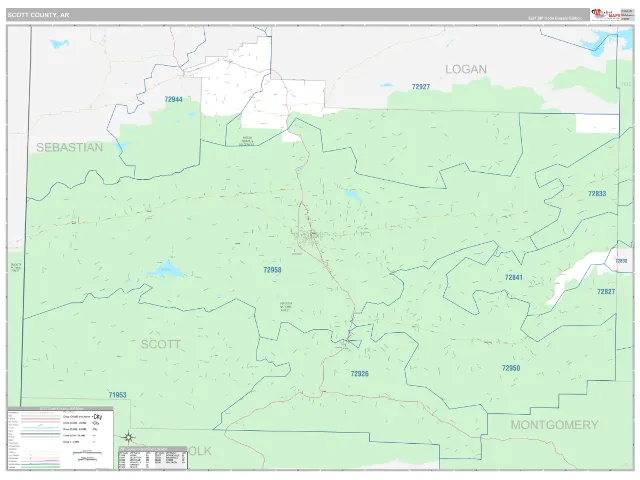 Scott County, AR ZIP Code Wall Map, Classic style